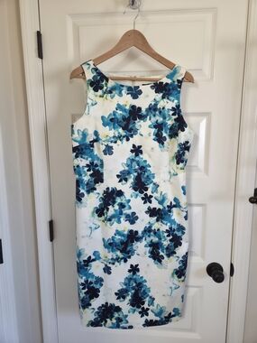 Ann Taylor White Midi Dress with Blue Floral Print
